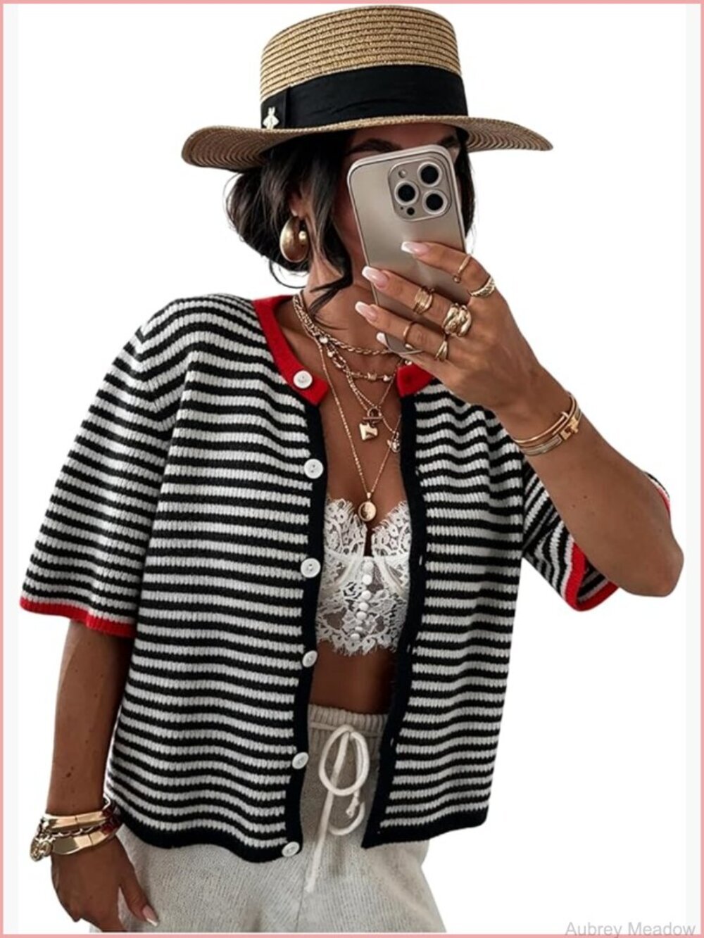 Lightweight Short Sleeve Cardigan Summer Casual Striped Knit Open Front Button